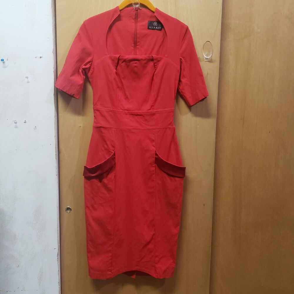Hybrid Red dress distinctive square neckline structured short sleeves Sz 10 ZZZ